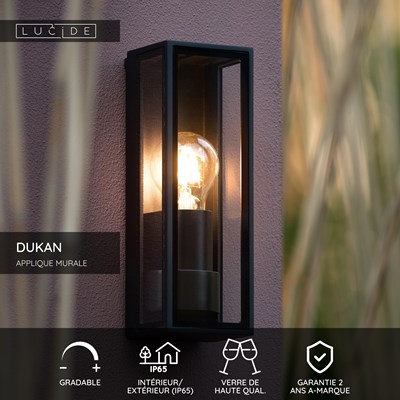 Lucide DUKAN - Applique murale Intérieur/Extérieur - 1xE27 - IP65 - Noir